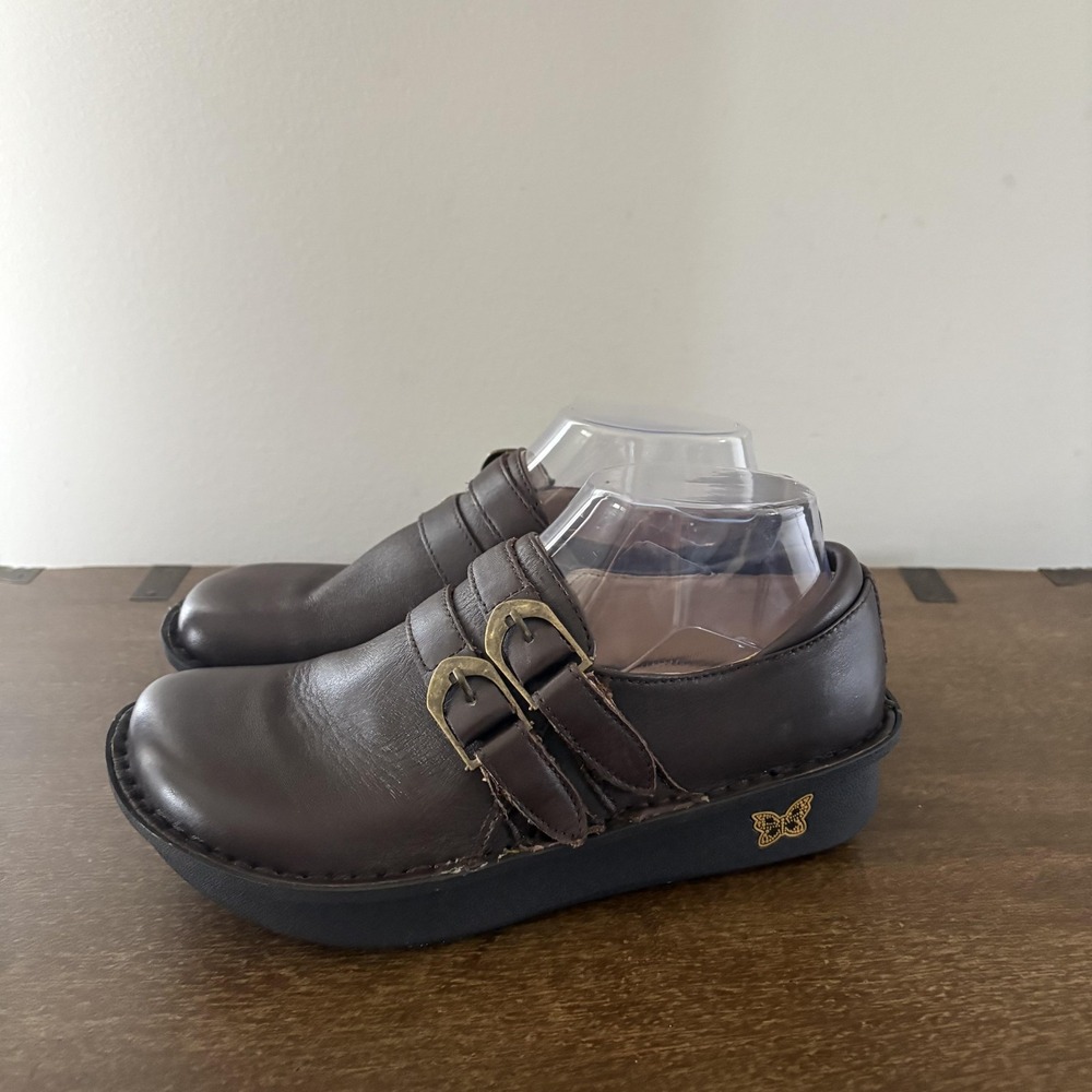 Alegria Shoes Womens Size 7.5 37 Brown Leather Clogs Double Buckle ALL-604‎